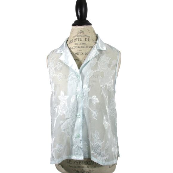 Vintage Oscar de la Renta Sheer Blue Floral Printed Pajama Top Size M - Picture 1 of 7